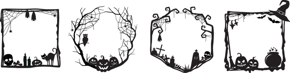 Wall Mural - Halloween grunge black frames of holiday horror night with pumpkins cemetery, vector silhouettes. Halloween trick or treat border frames with witch hat, potion cauldron, tombstone skull and bats