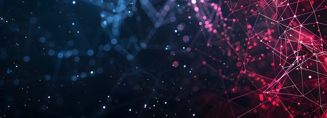 Poster - Abstract background with dark blue and pink glowing dots connected by lines, forming an abstract geometric pattern on the right side of the screen. The composition is symmetrical, creating a futuristi