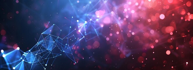 Poster - Abstract digital background with glowing blue and pink polygonal lines, dots and shapes forming an interconnected network or connection concept on a dark black backdro