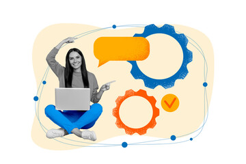 Aufkleber - Creative collage of happy black white colors girl use netbook point fingers empty space dialogue bubble cogwheel gear checkmark
