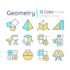 Canvas Print - Geometry RGB color icons set. School subject. Trigonometry class. Mathematics education. Math tools. Isolated vector illustrations. Simple filled line drawings collection. Editable stroke