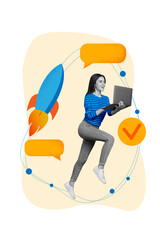 Sticker - Collage 3d image of pinup pop retro sketch of young energetic businesswoman boss marketer run laptop rocket flying message checklist