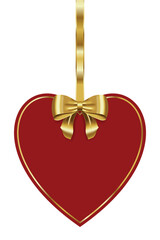 Poster - Tag with gold bow. Blank red label with golden ribbon. Paper red frame with gold bow. Vector illustration