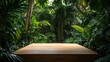 © Pricha.RT - A wooden podium in a lush tropical forest, surrounded by vibrant green plants, ideal for showcasing natural products.