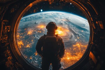Wall Mural - earth viewed from space station window swirling storm systems visible over illuminated cities astronauts silhouette gazing in awe stars twinkling in inky blackness