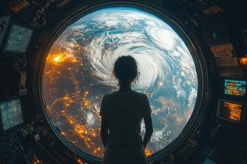 Wall Mural - earth viewed from space station window swirling storm systems visible over illuminated cities astronauts silhouette gazing in awe stars twinkling in inky blackness
