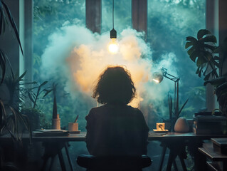 Canvas Print - A woman sits at a desk with a lamp and a potted plant in front of her. The room is filled with smoke, creating a mysterious and eerie atmosphere