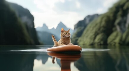 Poster - A ginger cat sitting on a paddleboard floating on a calm lake surrounded by lush green mountains and clear skies