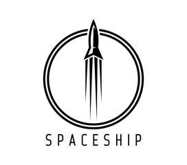 Poster - Spaceship, space rocket icon. Isolated vector emblem of black spacecraft silhouette launch, ascending with trails inside of circle, conveying futuristic exploration, galaxy travel and tech startups