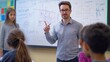 © keetazalay - A teacher standing at a whiteboard in a well-equipped classroom pointing to a complex math problem while explaining to attentive students their focused expressions and active participation underscore