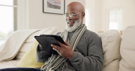 Aufkleber - Senior man, tablet and laugh in home for reading news app, social media post or ebook in lounge. Elderly african guy relax to scroll funny digital blog, online shopping or download meme in retirement