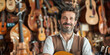 © lenblr - Luthier smiling holding an acoustic guitar in a workshop with string instruments hanging on the wall