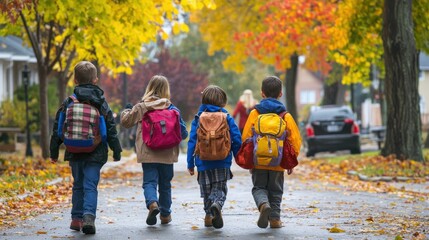 a cheerful image of children walking to school on a crisp autumn morning, a group of friends chattin