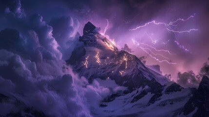 Wall Mural - A mountain with a lightning bolt in the sky. 