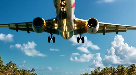 Poster - Airplane landing on a tropical runway surrounded by palm trees and turquoise water on a sunny day.