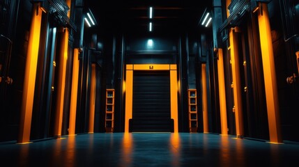 Poster - A large, empty room with orange lights and a black door