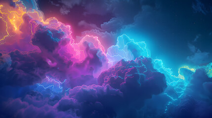 Wall Mural - A cityscape with pink clouds and neon lights. 