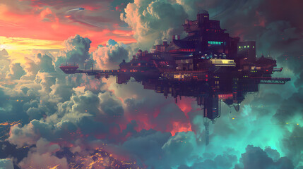Wall Mural - A cityscape with pink clouds and neon lights. The city is filled with tall buildings and the sky is filled with clouds. Scene is bright and colorful, with a futuristic feel