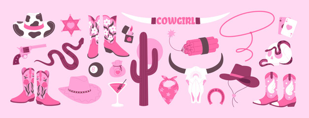 Sticker - Pink cowgirl accessories. Girly fashion wild west style elements. Animal skull, hats boots dynamite and gun. Cartoon western racy vector clipart