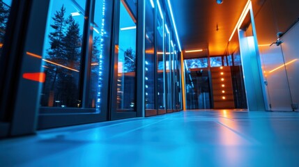 A hallway with a blue floor and orange lights