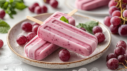 Ice cream from homemade Greek yogurt and fresh organic grapes with mint on a plate 