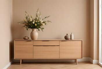 A wooden sideboard with two vases of white flowers, set against a beige wall