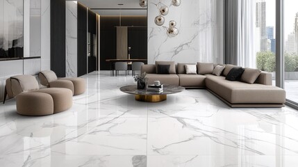 Luxurious marble floor tile pattern with veining in shades of white and gray, exuding elegance