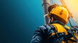 © Sangsung - A man in a yellow helmet and safety gear is standing on a pole