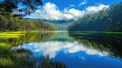 Sticker - Picturesque lake surrounded by dense forest and reflections of the sky and trees