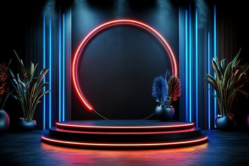 Aufkleber - A striking neon-lit podium with vibrant LED displays, set against a dark backdrop with dynamic neon effects illuminating the entire stage, creating a futuristic ambiance