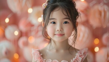 portrait of happy asian little girl in pink dress on pink festive background