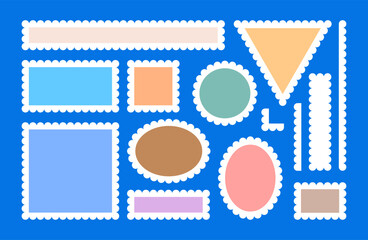 Set of cute frames of different colors and geometric shapes with rounded edges. Vector illustration of rectangles, square, circle, oval, triangle for text, photo, collage in children's retro style.