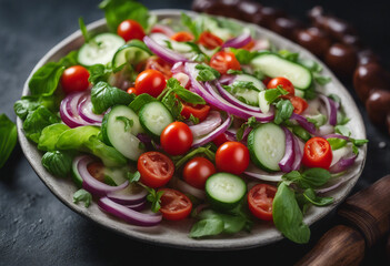 Wall Mural - Fresh salad with cherry tomatoes sliced cucumbers basil and onions on dark background