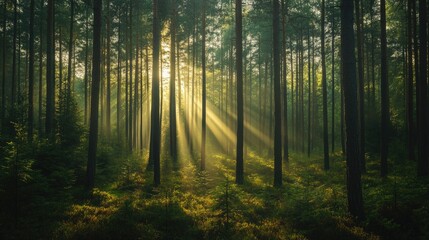  Sun rays breaking through the dense canopy of a green pine forest