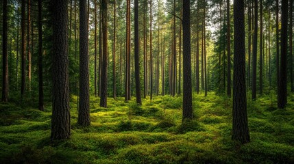  Tranquil pine forest with a variety of green shades in the foliage