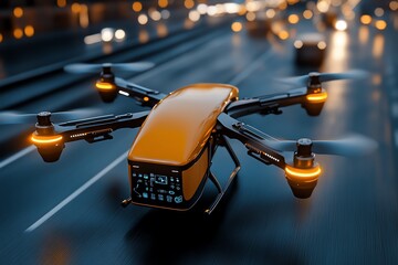 Poster - An advanced technology drone swarm delivering packages in a futuristic city, with AI logistics systems optimizing routes in real-time