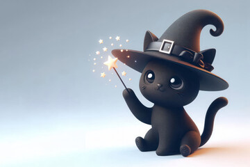 Cute black cat in a witch's hat and with a magic wand. Space for text.