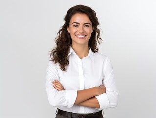 Brunette business woman smiling looking at camera isolated on white.