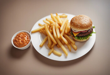 Hamburger and french potato fries with dip top view of fast food burger