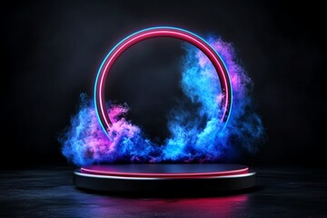 Aufkleber - An artistic illustration of a neon podium on a stage with swirling neon lights and holographic projections