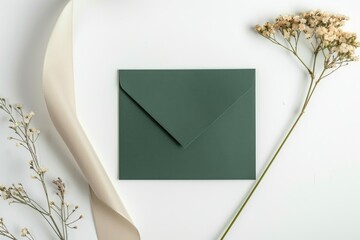 Aufkleber - A single green envelope sitting on a clean white table, ready for delivery or pickup