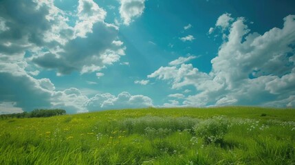 Wall Mural - A serene landscape with a field of green grass and colorful wildflowers, set against a bright blue sky