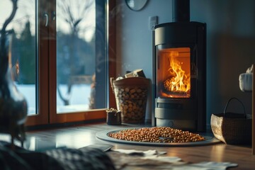 Poster - Cozy home scene with wood burning stove and natural light from the window