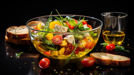 Seasonal summer vegetable salad in a glass bowl on a dark background. Vegan organic food, dietary meal in a rustic style.