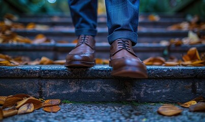 businessman feet in formal wear walking down the steps over grey background.