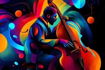 Wall Mural - A vibrant neon colored illustration of musician playing the cello