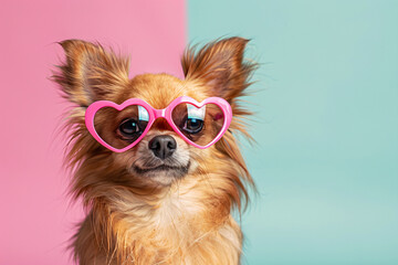 Wall Mural - Cute small Chihuahua dog with pink heart shaped glasses on pastel pink and blue background