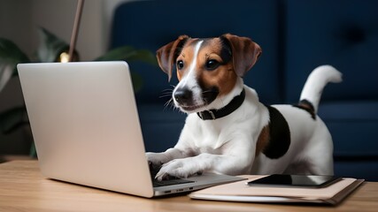 A playful Jack Russell puppy dog terrier perched on a laptop, typing away on a keyboard with tiny paws.