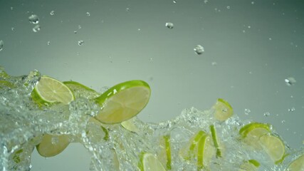 Fototapete - Super Slow Motion of Flying Lime Slices with Water Splashes, Isolated on Blue Background. Filmed on High Speed Cinema Camera, 1000fps. Speed Ramp Effect.