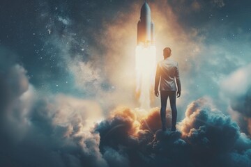 Poster - A person stands on a cloud, holding a rocket